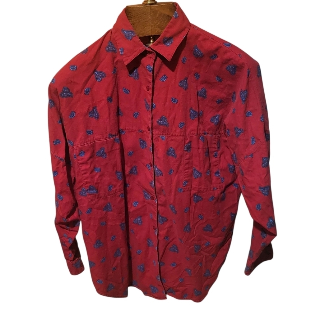 Vintage 80s Gap Womens Paisley Button Down Cotton Red Shirt Size Large